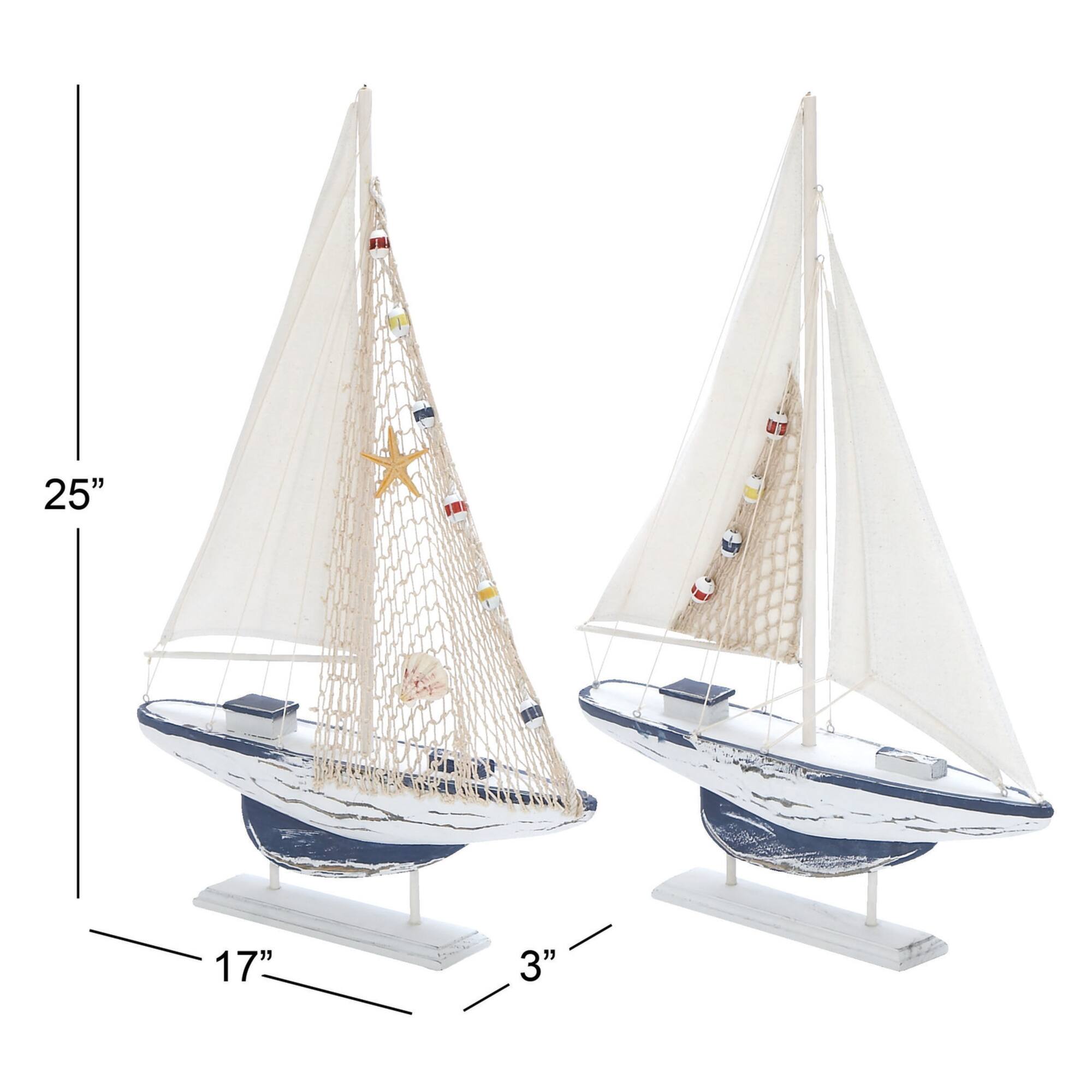 White Wood Coastal Sail Boat Sculpture Set